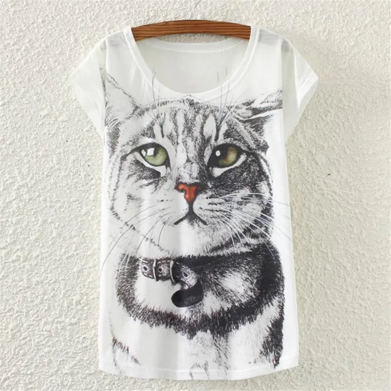 Grey Cat 260 P! летние Для женщин живописи тушью Свободные футболки, крутая Мода Реалистичные кошка тигр картины с круглым вырезом и принтом «летучая мышь» для девочек футболка Женские топы - Цвет: Grey Cat