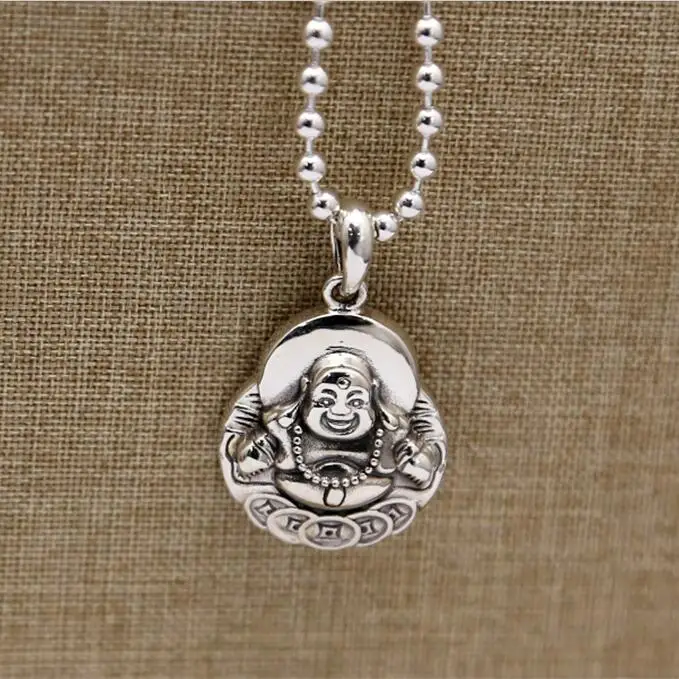 

100% Solid Real Silver 925 Pendant For Necklace Men Women China Wealth&Luck Smile Buddha Figure Pure 925 Sterling Silver Jewelry