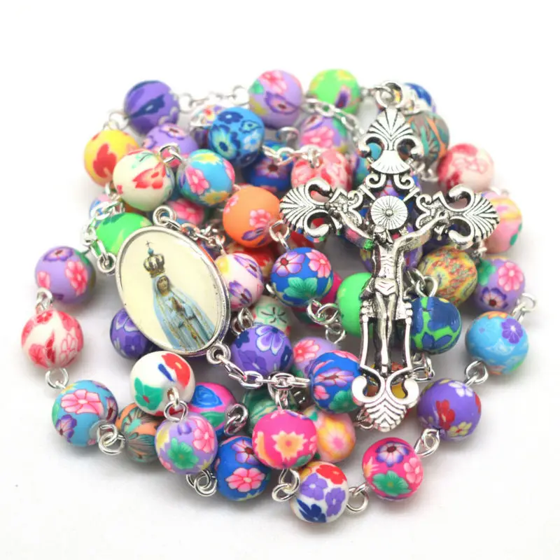 

Fashion Polymer Clay Round Beaded Necklace Double Pendants Lightweight Catholic Religious Rosary Pray Necklace Jewelry