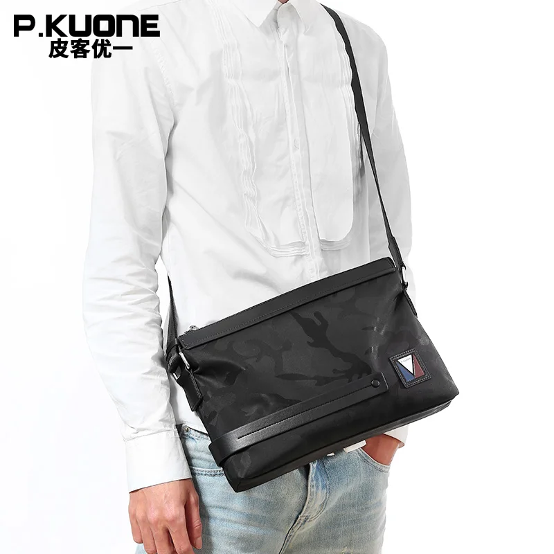P. KUONE Марка Нейлон Мужчины Плеча Crossbody Сумка Мода Дизайн мужская Черный Мужской