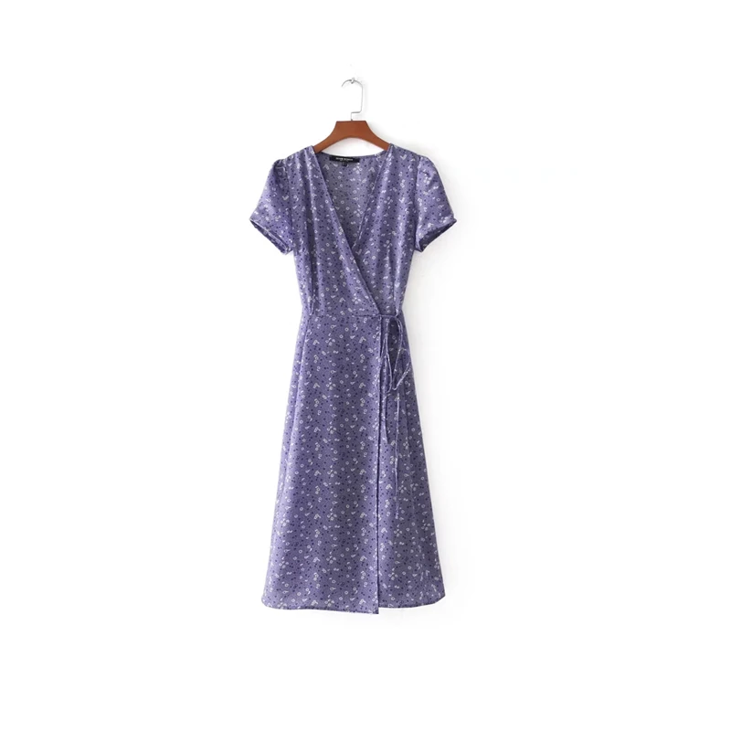 Фиолетовый Летнее женское платье с v-образным вырезом, с коротким рукавом, boho, Пляжное Платье, винтажный цветочный принт с отворотом, сексуальное, с бантом, на шнуровке, повседневные платья для вечеринок - Цвет: Фиолетовый