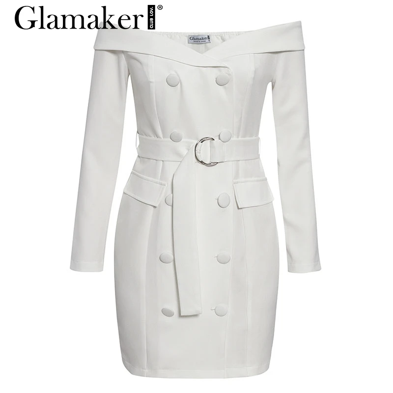 Белый Glamaker, сексуальное Белое платье с открытыми плечами, блейзер с поясом, женские вечерние платья с длинным рукавом, облегающее платье, модное элегантное Клубное женское короткое платье - Цвет: Белый