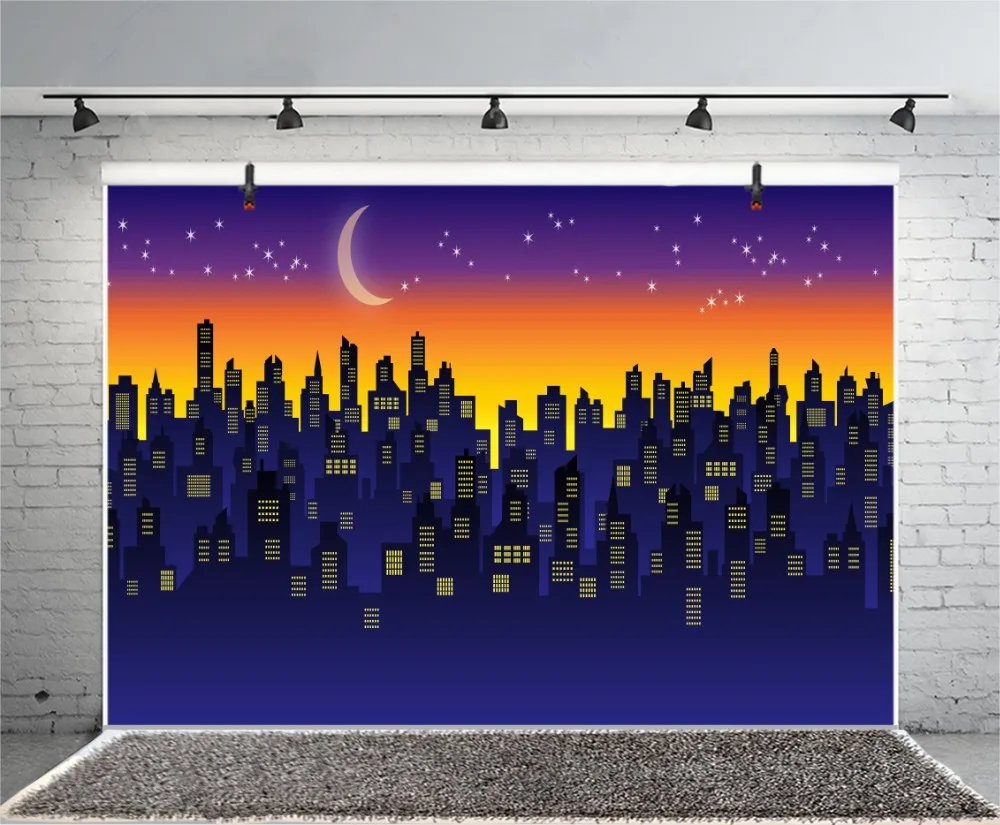 Laeacco Baby Comic Superhero Birthday Party Moon Star City Buildings Poster Photographic Backgrounds Photocall Photo Studio | Электроника