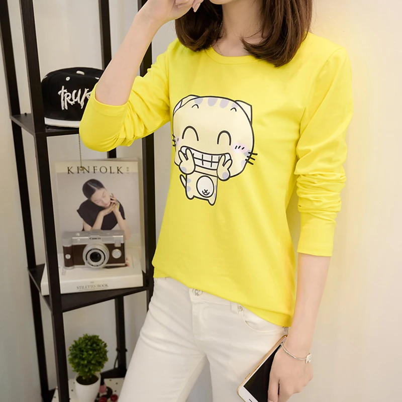 Remeras Mujer 2018 Autumn Funny Tee Shirts Women Cotton Tshirts O-Neck Cartoon Cat Womens Long Sleeve Top Tshirt Korean Clothes | Женская