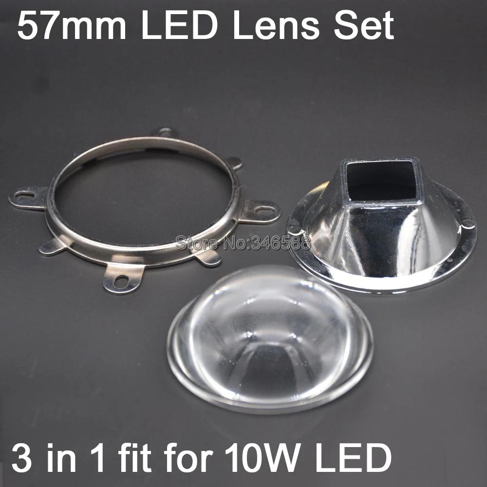 57mm Round Optical Glass LED Lens + 47mm Square Reflector Cup + 60MM Fixing Bracket 3 in 1 for 10W High Power Square LED Lamp
