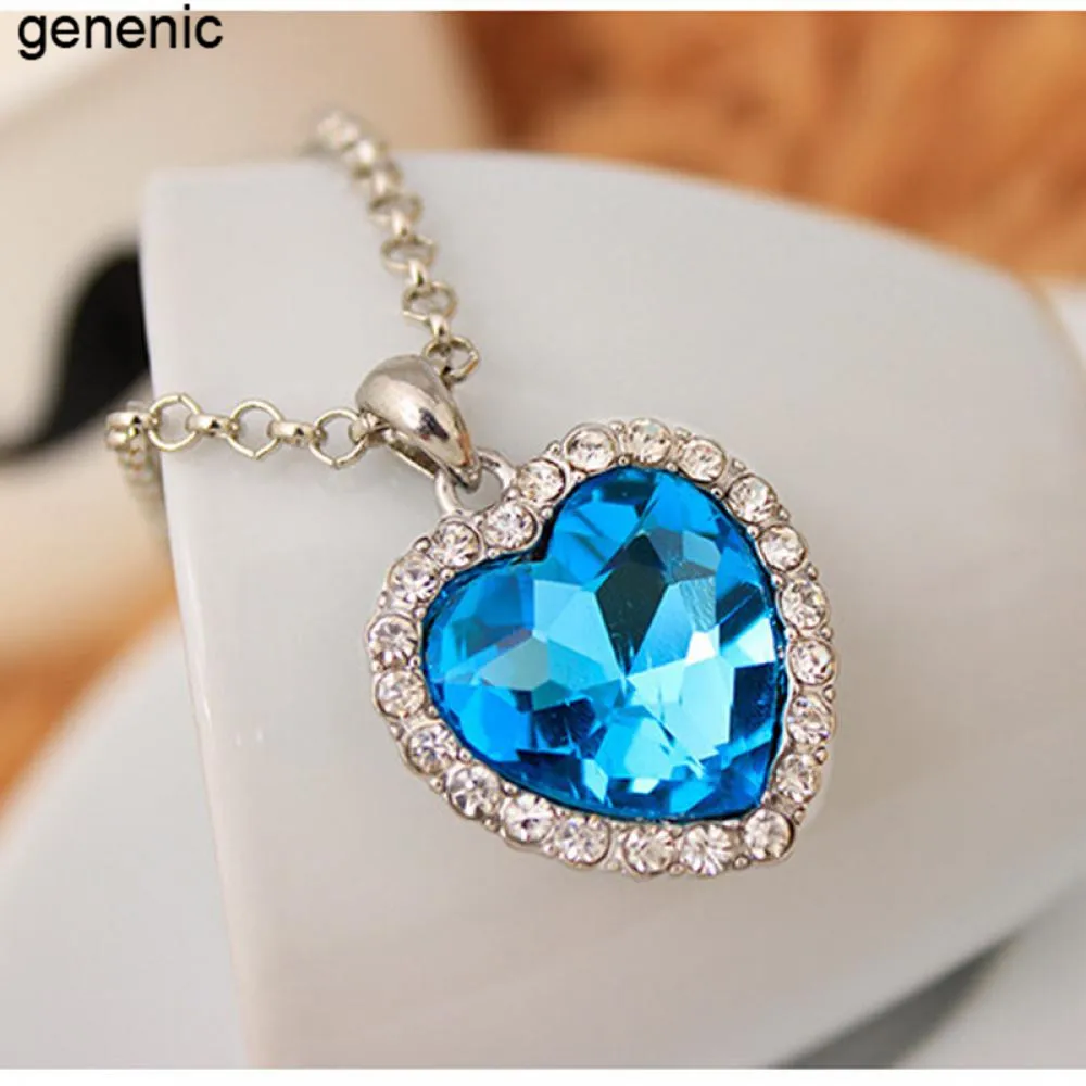 

1Pcs Beautiful Blue Ocean Crystal Rhinestone Heart Pendant Necklace Classic Titanic Jewelry Lover Gift For Fashion Women's