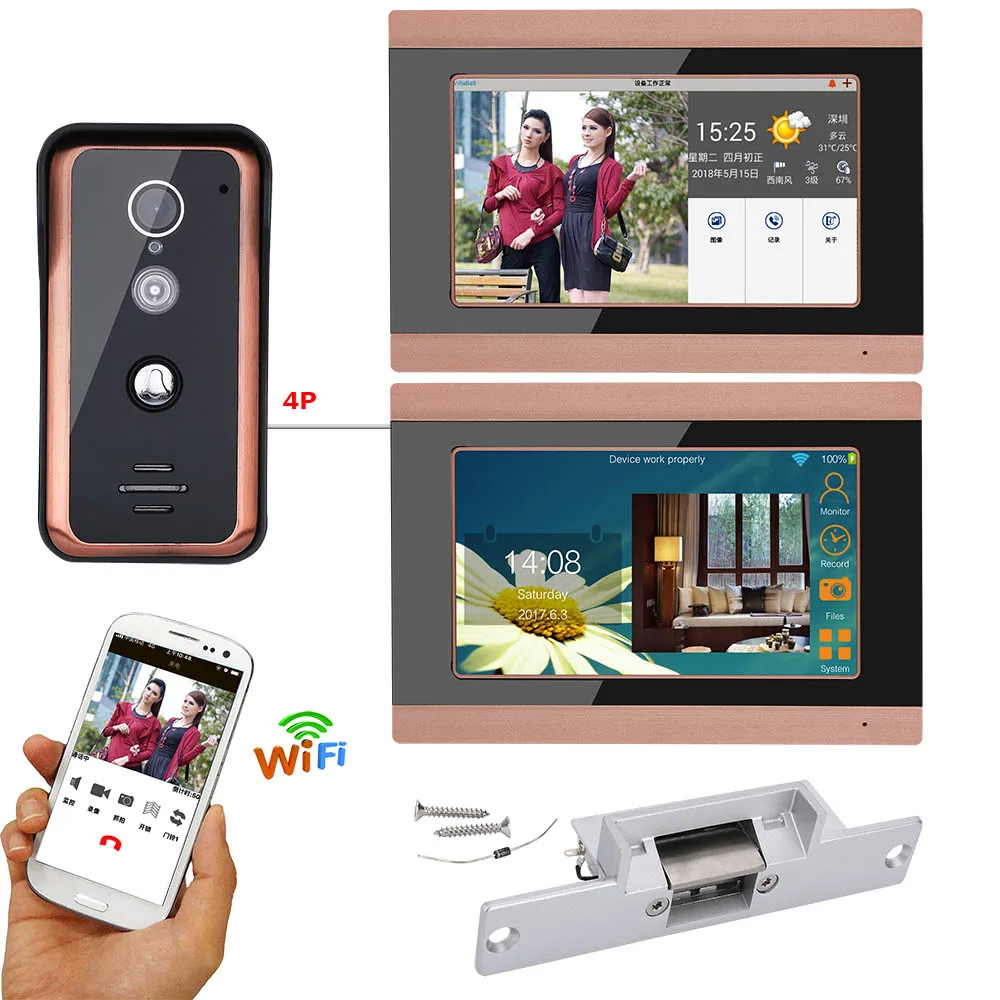 7 Inch 2 Monitoren Bedraad Wifi Video Deurtelefoon Deurbel Intercom Met Elektrische Strike Lock