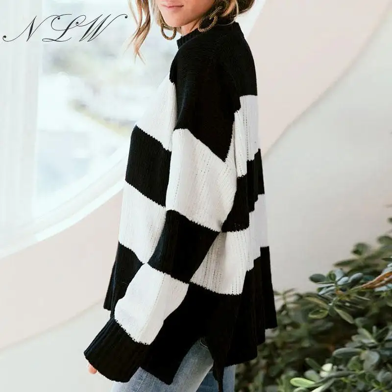 NLW Stripe Oversized Women Sweater Autumn Winter Plus Size Jumper Casual Loose Long Sleeve Pullover Streetwear | Женская одежда