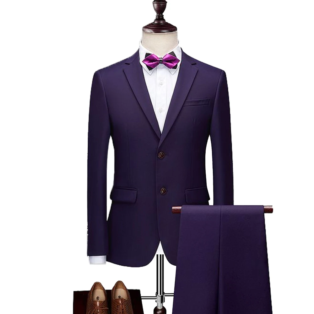 Мужской официальный деловой костюм из 2 предметов, приталенный пиджак с отворотом, смокинги друзей жениха с двумя пуговицами, новинка года(Блейзер+ брюки - Цвет: Purple