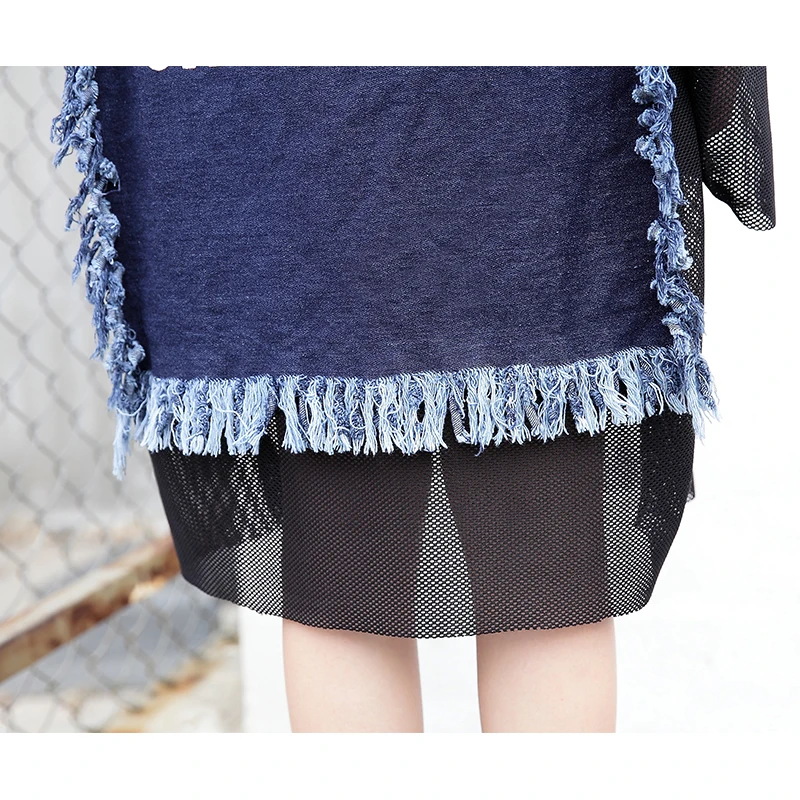 VGH 2018 New Summer Female T shirts For Women Top Long Sleeve Black Back Denim Split Joint Tassels Big Size shirt Fashion Tide | Женская