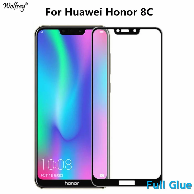 Protector de pantalla de pegamento completo para Huawei Honor 8C, vidrio templado, cubierta completa para Huawei Honor 8C, BKK-L21, 9H, 2.5D, pel&iacute;cula Premium de 6,26 pulgadas, 2 uds.-0