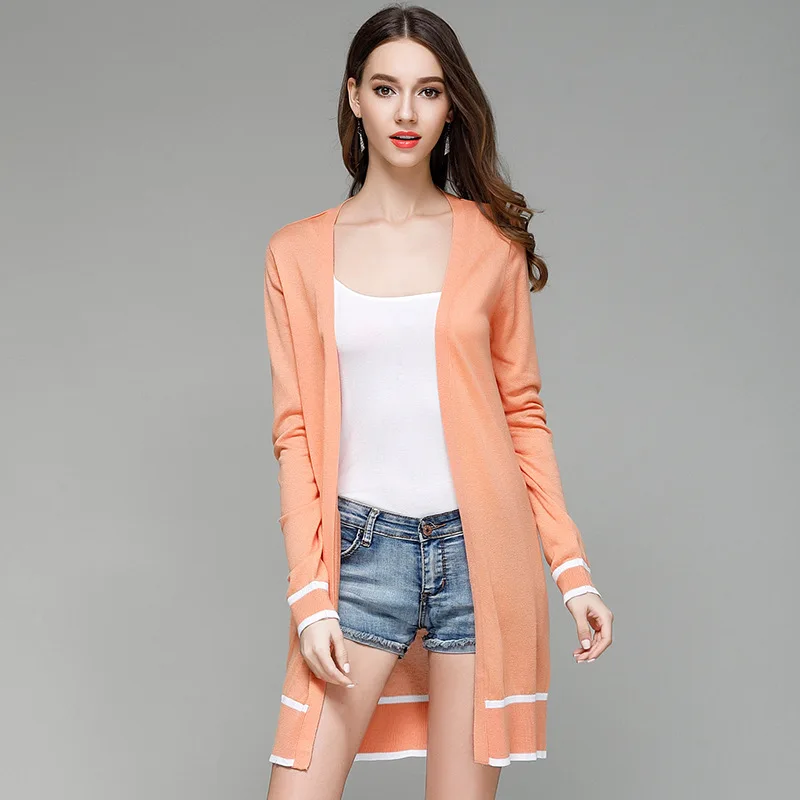 2019 Autumn &amp Spring Women Knitting Sweaters Cardigan Open Stitch Thin Solid Office Lady Casual Long Coat White Orange |
