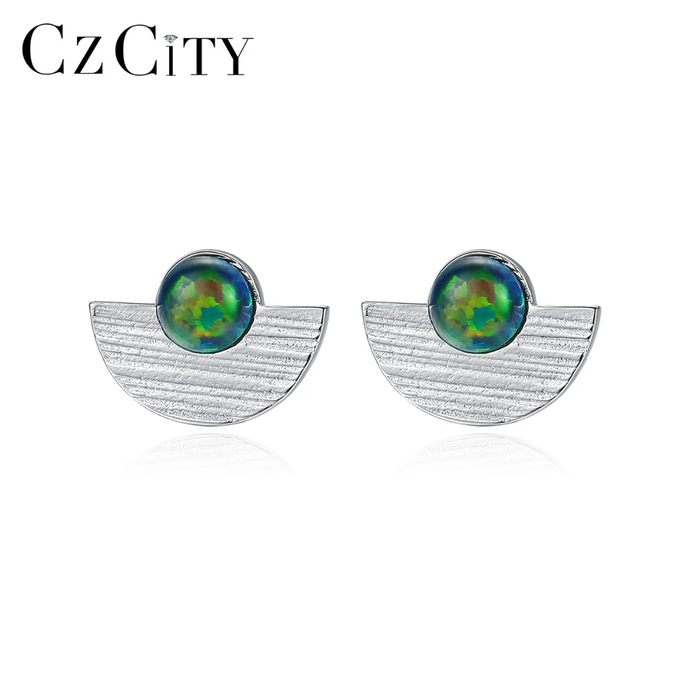 CZCITY круглая пожарная запонка с опалом серьги для женщин ювелирные изделия полукруг Твердые 925 стерлингового серебра Boucles D Oreille Femme SE0404