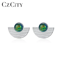 czcity round fire opal stud earrings for women fine jewelry semicircle solid 925 sterling silver boucles d oreille femme se0404