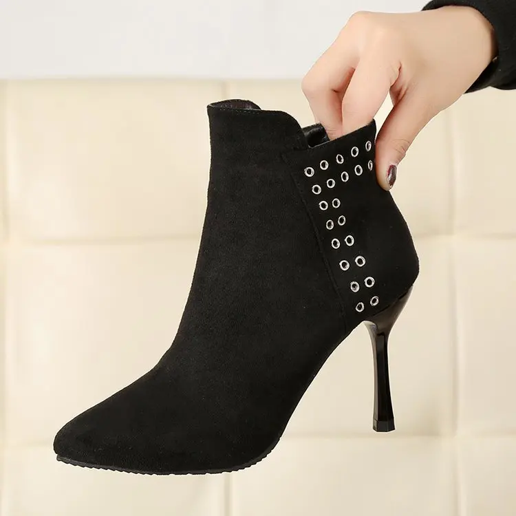 2019 новые зимние ботинки женские туфли из замши на высоких каблуках ботильоны для