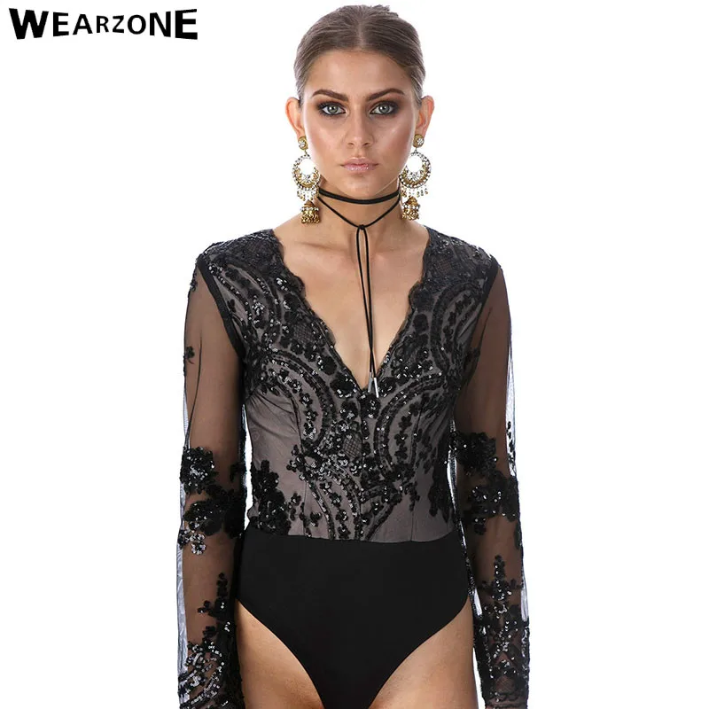 

Golden sequin mesh bodysuit for women Transparent sleeve leotard bodysuit top V neck elegant jumpsuit romper