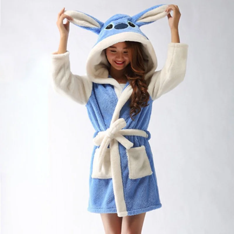 Stitch Blue Зимний мягкий халат для влюбленных с вышивкой панды, с капюшоном, Женская/Мужская Ночная рубашка, домашняя одежда, теплый банный халат, халаты - Цвет: Stitch Blue
