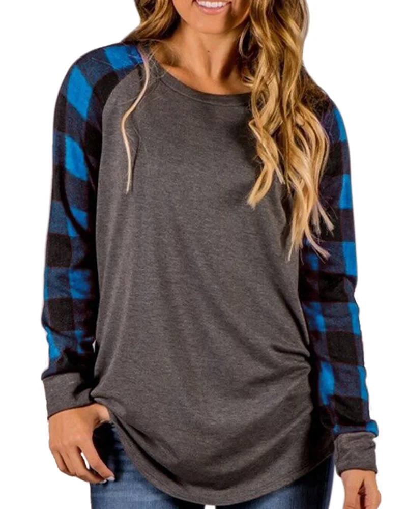 High Quality 2018 eBay Amazon Hot Sale Plaid Print Knee Pullover Panel Color Block Top T-Shirt Striped Sleeves Hoodies Cute New | Женская