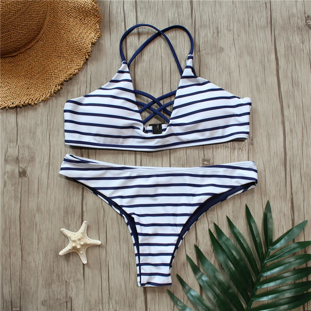 Сексуальное женское бикини с пуш ап сине белое полосатое купальник для женщин