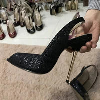 women stiletto thin iron high heel sandals sexy sling back peep toe black glitter party bridal ball lady shoe 3845 g1