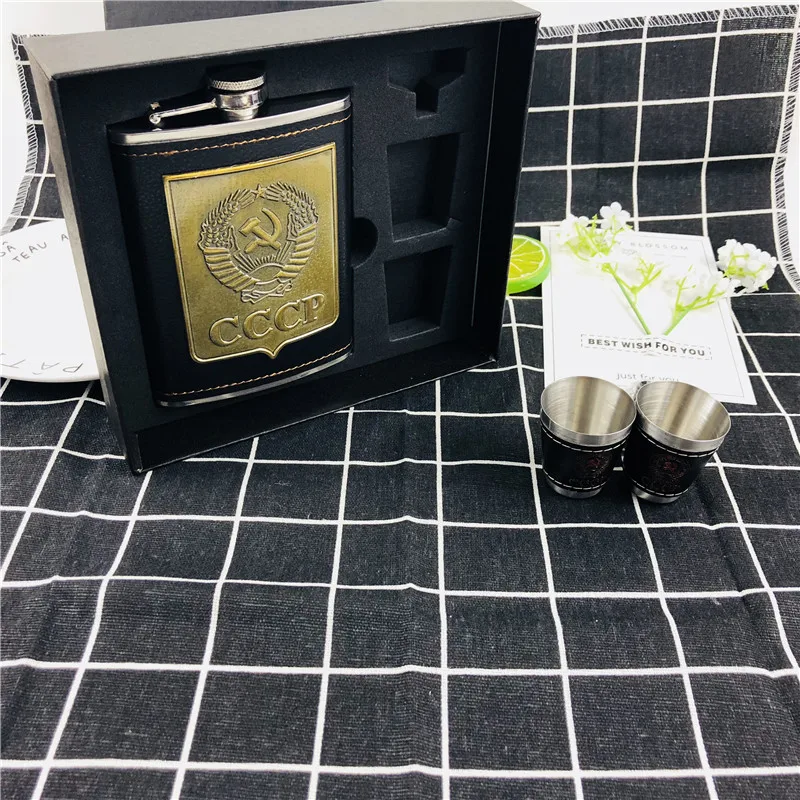 Bpa free 8 унций обернутая искусственной кожей бутылка для виски Cccp Воронка FLAGON нержавеющая сталь водка чашка спирт бедра фляжка набор с подарочной коробкой