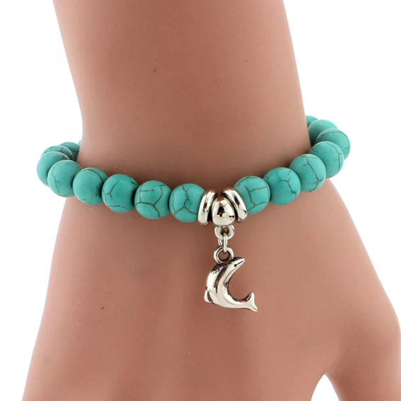 Dolphin SHEEGIOR Boho винтажные браслеты с бирюзой для женщин мужчин Крест Дерево змея Сова ручной браслет с подвеской браслет модные украшения - Окраска металла: Dolphin