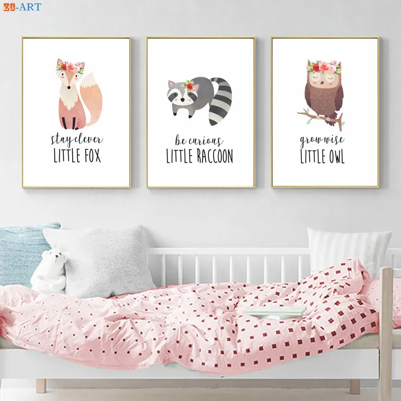 Woodland Animal Prints Flower Crown Girls Poster Cartoon Cute Canvas Painting Nursery Wall Art Baby Bedroom Decoration Pictures | Дом и сад