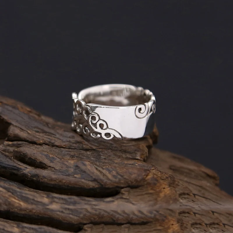Настоящее 925 пробы серебро полые резные цветы регулируемое кольцо ювелирные