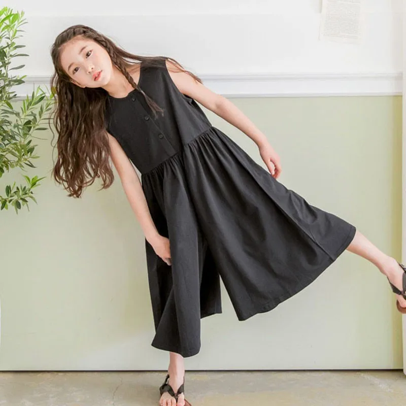 Black Cotton Sleeveless Dresses Loose Pants For Baby Big Girls Summer 2019 High Waist Wide Leg Trousers Dress Children Clothing | Детская