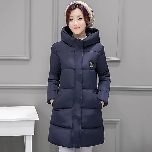 Dark Blue Хлопковые зимние пальто для женщин, модные теплые длинные женские парки, элегантные белые с капюшоном и карманами, Толстая Женская куртка, пальто, новинка, MDR117 - Цвет: Dark Blue