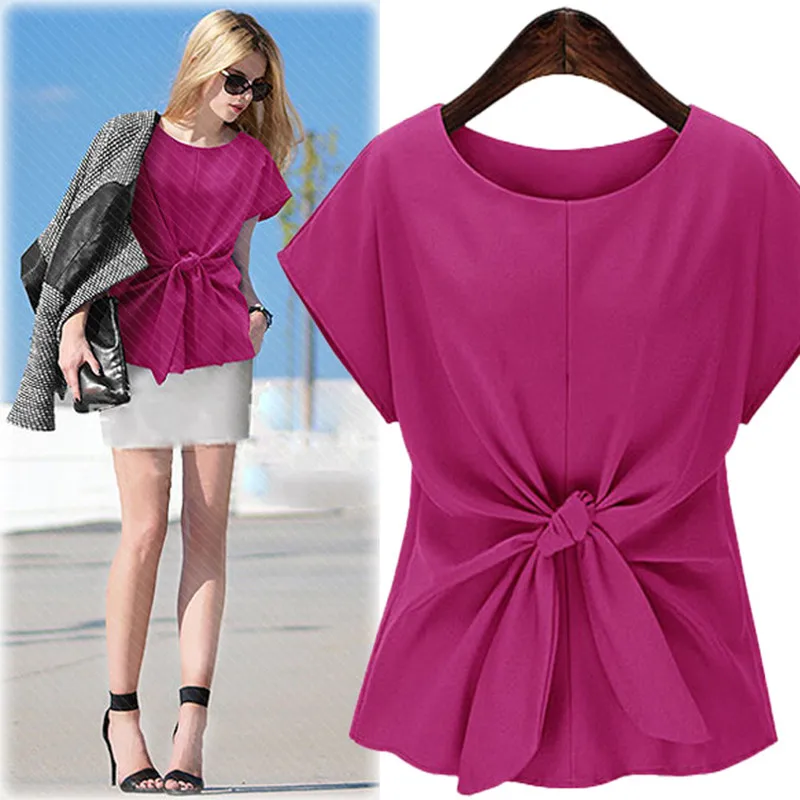 

New Summer Women Shirts Vestidos Plus Size Fashion O-Neck Solid Loose Bow Short Sleeve Chiffon Shirt For Women Larger Blouse 4XL