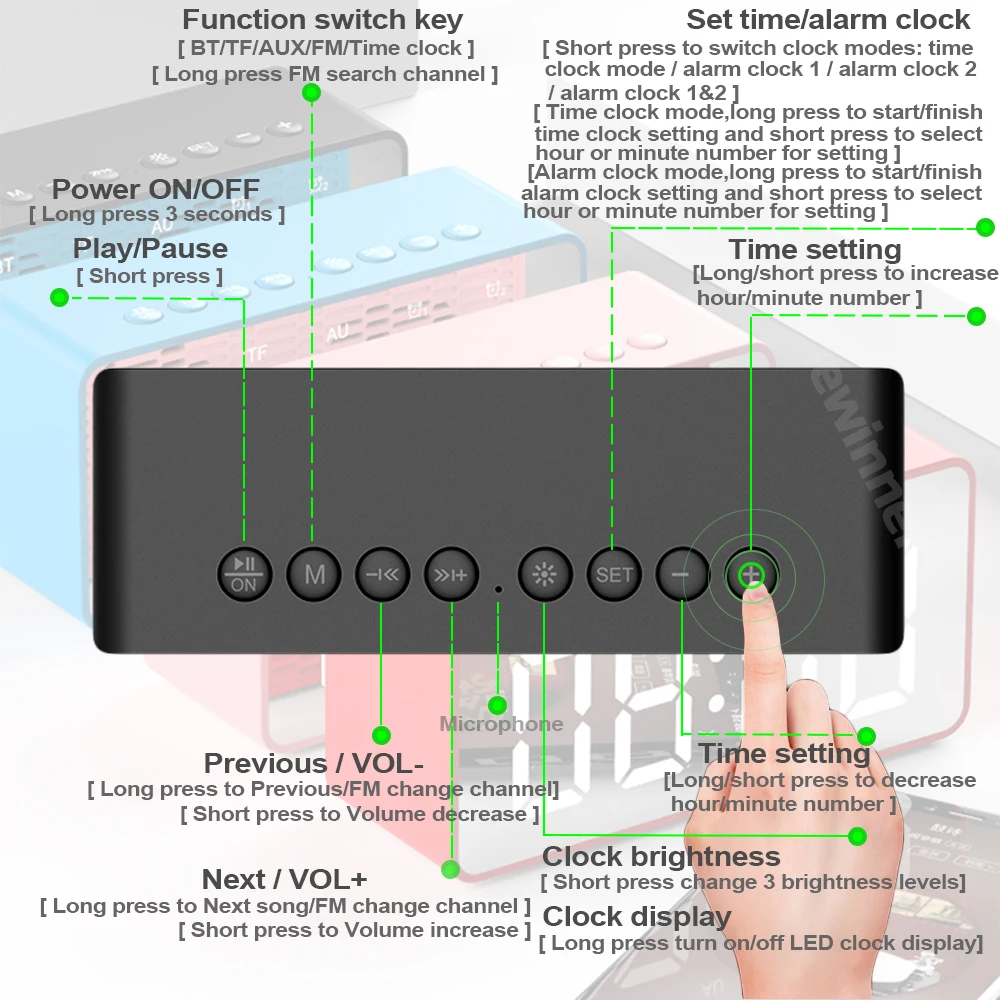 Lewinner BT506F Bluetooth динамик супер бас беспроводной стерео звук поддержка TF AUX FM зеркало будильник Громкий динамик для телефона
