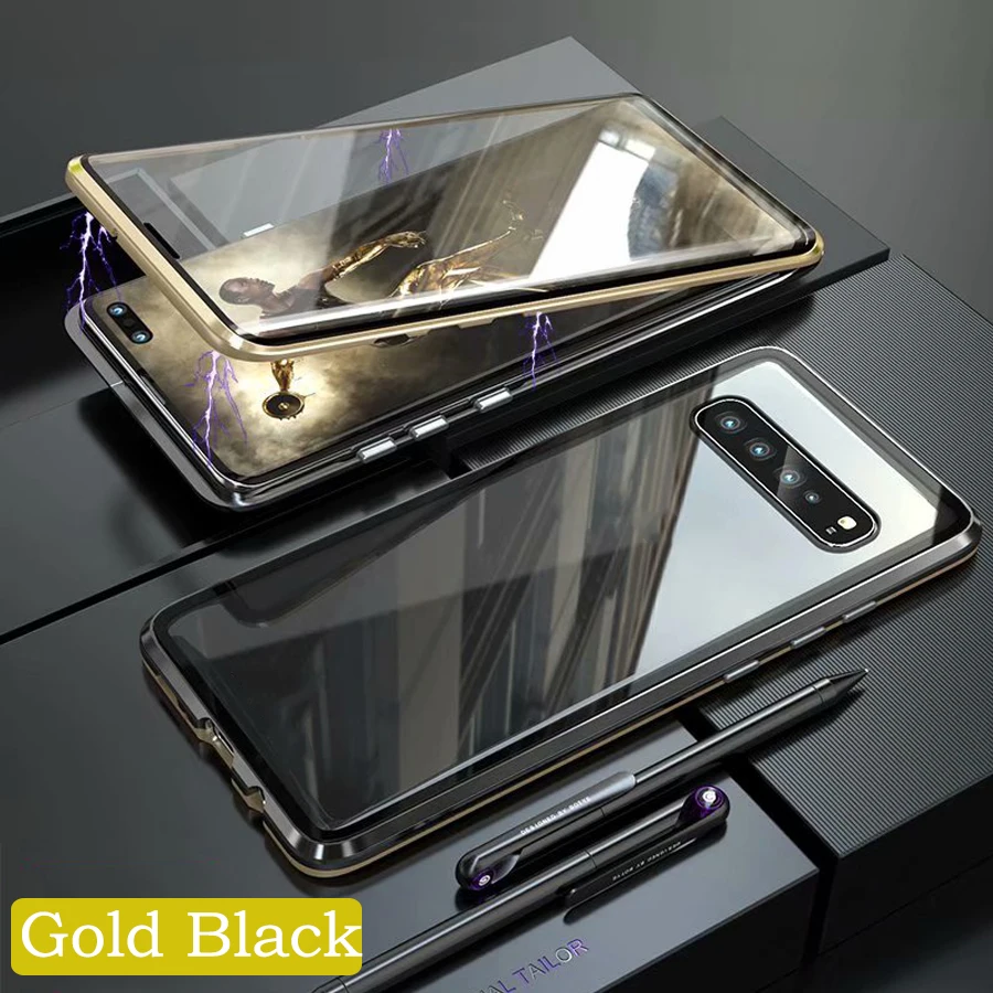 Gold Black Встроенный магнитный адсорбционный металлический чехол для samsung S10 5G S9 S8 Plus S10e Note 9 8 переднее заднее стекло полная защита корпуса - Цвет: Gold Black
