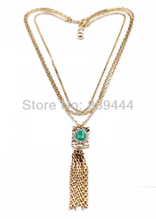 Конкурентоспособная цена зеленый камень кисточка золотого цвета ожерелья |