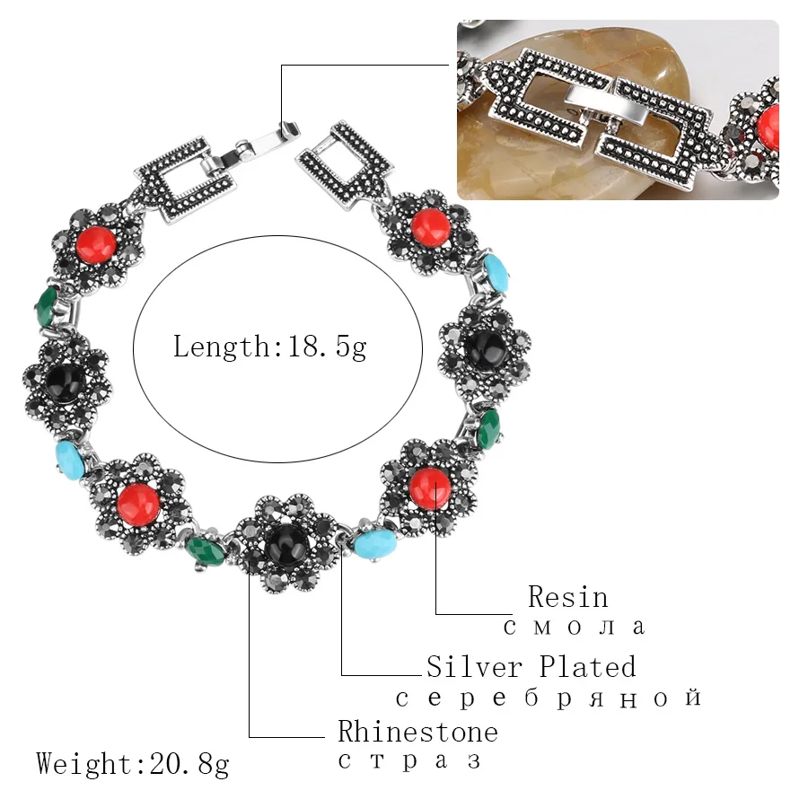 Kinel браслет с шармами для женщин серебристые черные кристаллы цветок Ретро