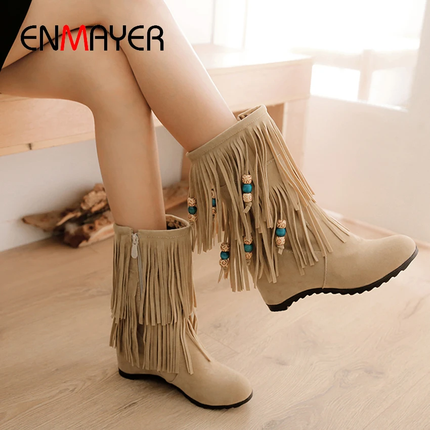 

ENMAYER Flat with Mid-Calf Flock Fringe Winter Boots Women Round Toe Flat with Chain Leopard Lining Women Shoes Autumn Boots