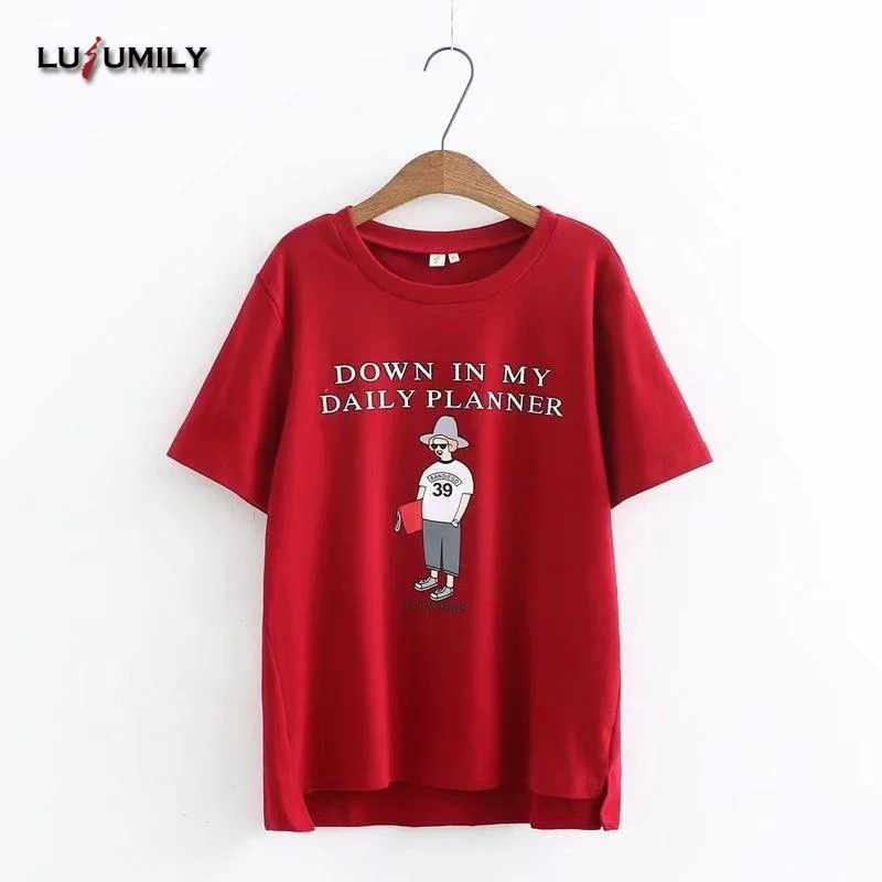 Lusumily мультфильм Kawaii Для женщин футболка плюс Размеры Xxxl свободные короткий рукав