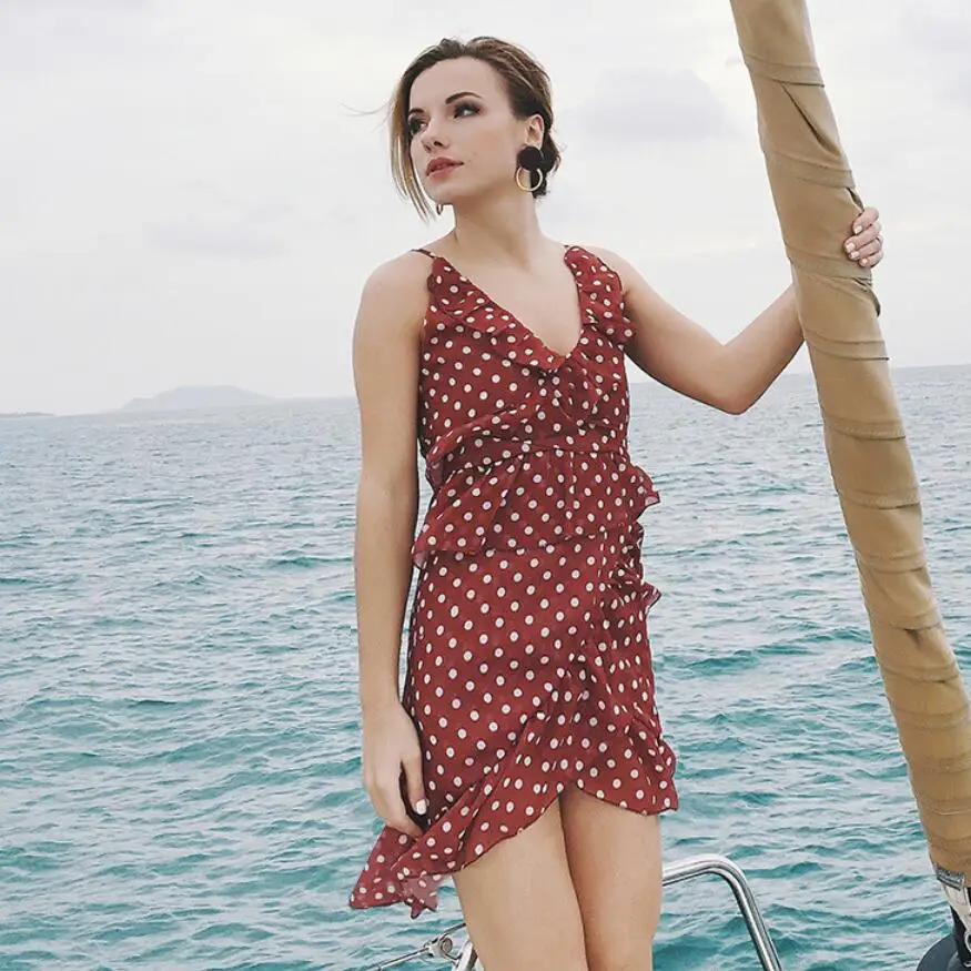 2019 Summer Sexy Deep V-Neck Polka Dot Chiffon Dress Ruffled Irregular Short Mini Dresses Women'S Clothing Beach | Женская одежда