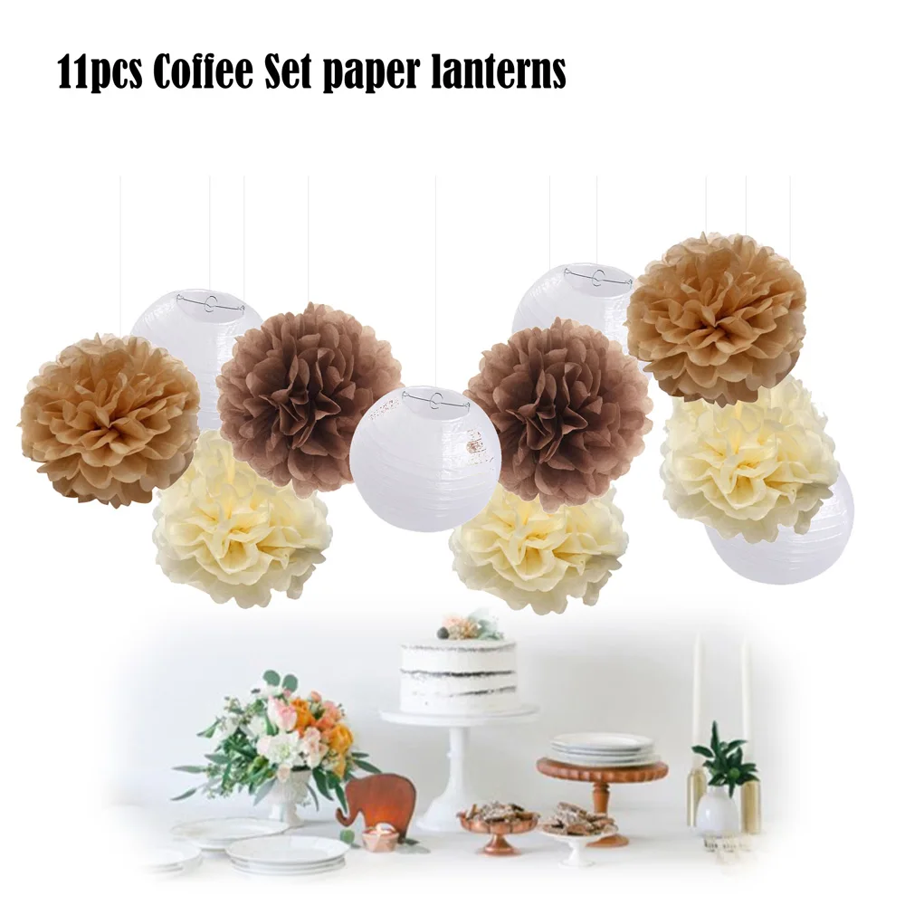

New Arrival 11pcs/set Restaurant Coffee Hanging Tissue Paper Decoration Pom Pom Party Decorative White Round Paper Ball Lantern