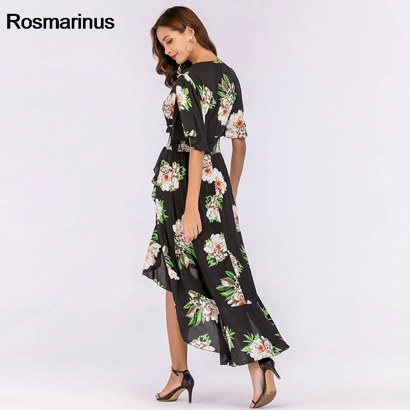 Floral Bohemian Long Dress 2018 Women Summer Deep V Neck Short Sleeve High Low Sexy Irregular Ruffles Beach Tunic Sundress | Женская