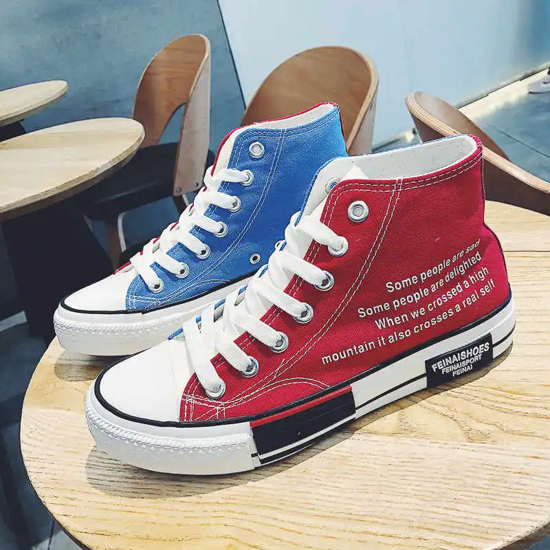red blue F757 Новинка; мужские классические Нескользящие туфли на плоской подошве; Разноцветные парусиновые туфли; мужские кроссовки; высокие кроссовки; Мужская обувь для скейтбординга; zapatillas hombre - Цвет: red blue F757