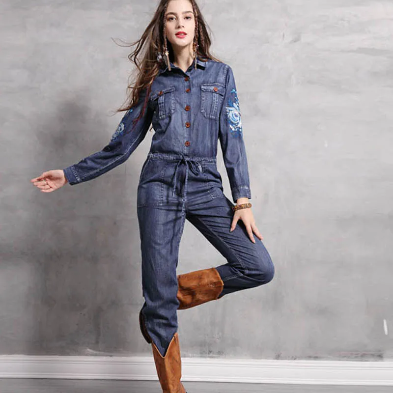 Free Shipping New Fashion Safari Style Long Sleeve Women Embroidery Denim Jeans Jumpsuit And Rompers  Plus Size Trousers S-XL