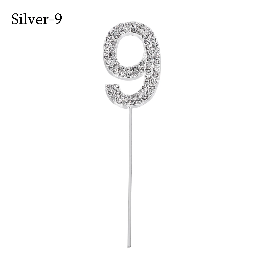Silver-9 1 шт., топпер для торта с цифрами "0-9", золотой Шипованный бриллиант, Топпер для торта на десерт, годовщину, день рождения, украшение, свадебные принадлежности - Цвет: Silver-9
