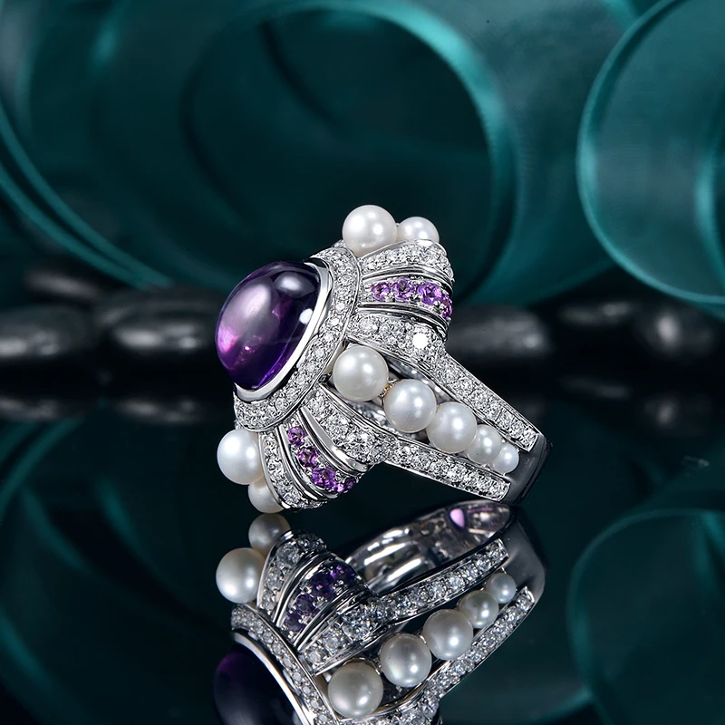 7.25ct натуральный амтист 1.82ct натуральные бриллианты и 0.42ctw аметист жемчуг 14K белое золото обручальное кольцо