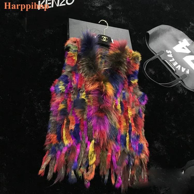 Женский трикотажный жилет из натурального кроличьего меха с воротником енота|fur