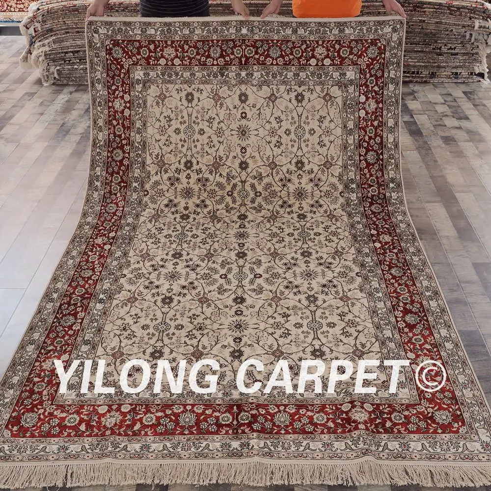 

YILONG 6 'x 9' коврик Тебриз бежевый выгодный Классический шелковый ковер ручной работы (YHW436B6x9)