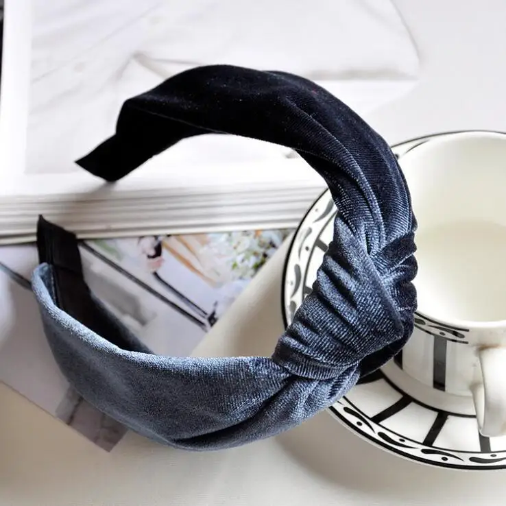 Velvet Gray Blue Женский ободок, модный однотонный бархатный ободок для волос, повязка на голову для женщин и девочек, элегантный ободок для волос ручной работы с перекрестным бантом - Цвет: Velvet Gray Blue