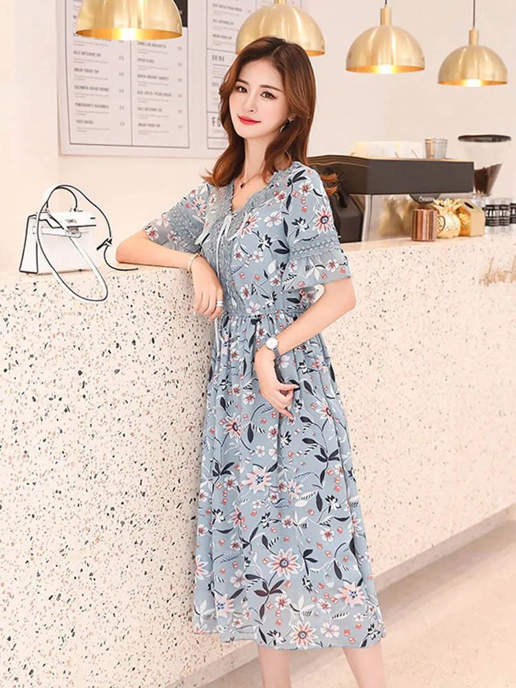 

6XL 2019 New Fashion Designer Chiffon Women's Dress Print Short Sleeved Slim V-Neck Increase Widening Dresses Female Summer L269