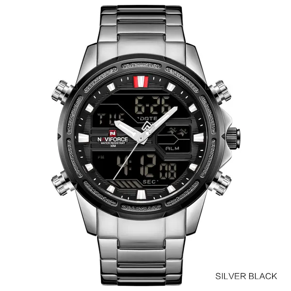 silver black NAVIFORCE Роскошные Брендовые мужские спортивные часы мужские кварцевые светодиодный цифровые часы мужские военные наручные часы Relogio Masculino - Цвет: silver black