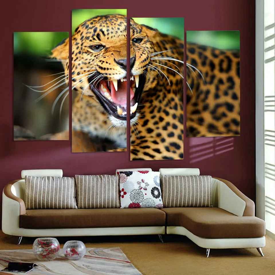 4 Panel Canvas Art Painting Leopard Growl Snarl Rage HD Printed Wall Poster Home Decor Picture for Living Room XA107C | Дом и сад